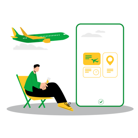Garçon réservant un billet d'avion à l'aide d'une application mobile  Illustration