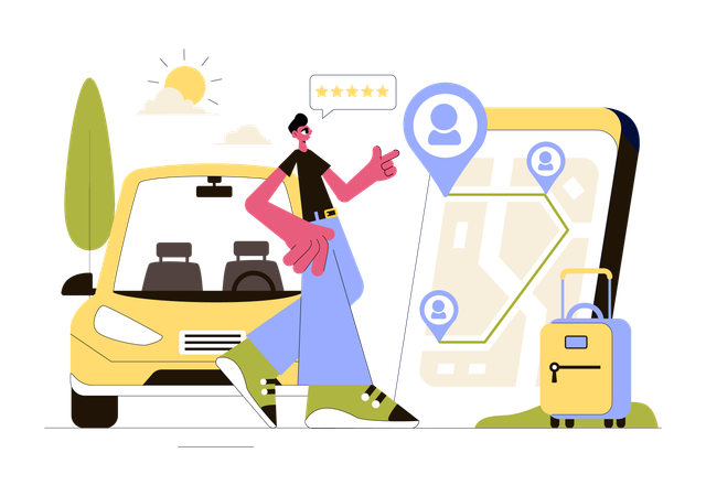 Garçon réservant un taxi en ligne  Illustration