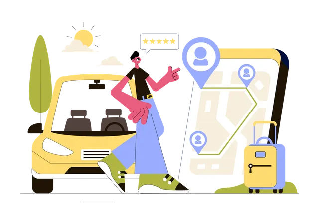 Garçon réservant un taxi en ligne  Illustration
