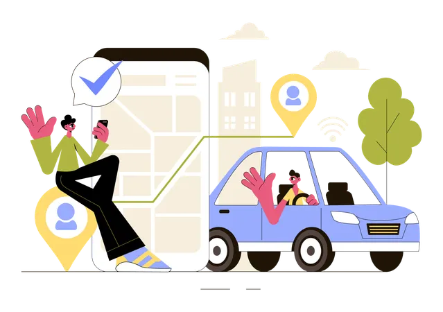 Garçon réservant un taxi en ligne  Illustration