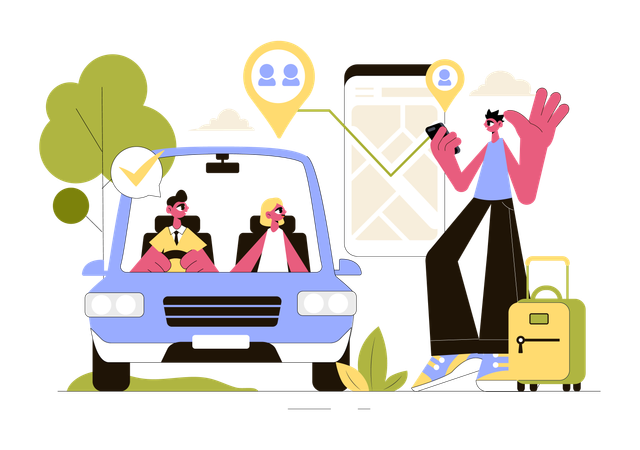 Garçon réservant un taxi en ligne  Illustration