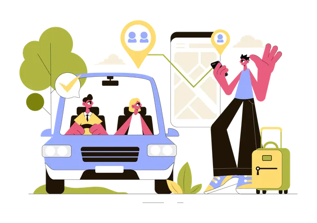 Garçon réservant un taxi en ligne  Illustration