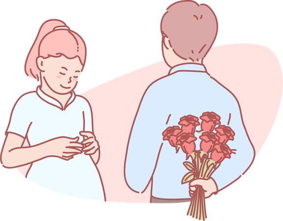 Garçon romantique cachant des roses à une fille  Illustration