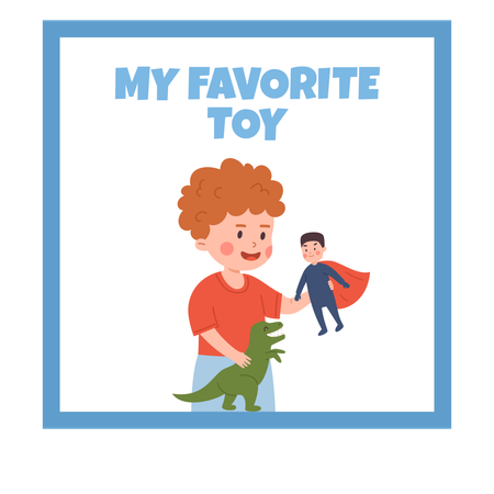 Joyeux garçon roux tenant un jouet Superman et un dragon, jouets préférés des enfants, divertissement  Illustration