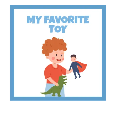 Joyeux garçon roux tenant un jouet Superman et un dragon, jouets préférés des enfants, divertissement  Illustration