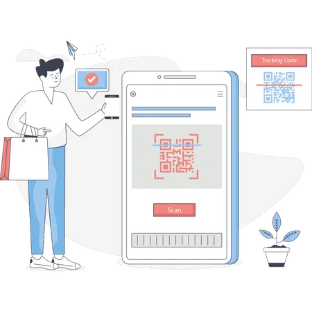 Garçon scannant le code qr  Illustration