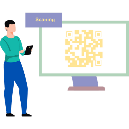 Garçon scannant le code QR sur le moniteur  Illustration