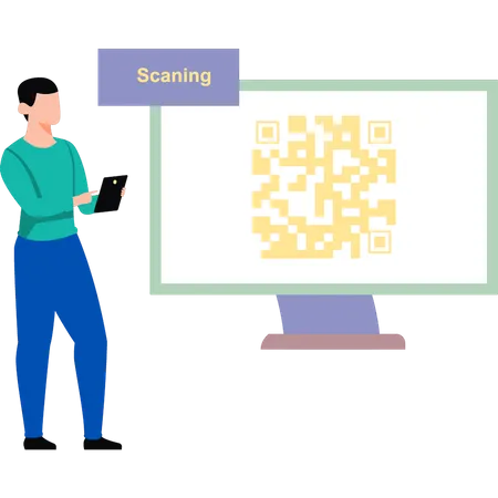 Garçon scannant le code QR sur le moniteur  Illustration