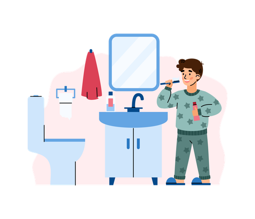 Un garçon se brosse les dents avec une brosse à dents et du dentifrice dans la salle de bain.  Illustration