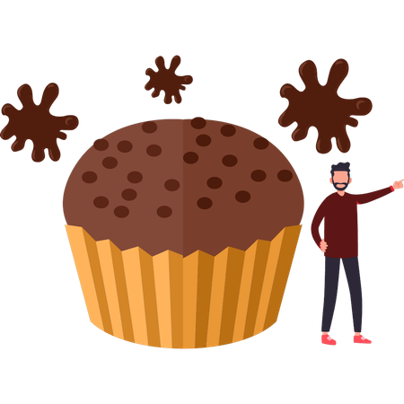 Le garçon se tient à côté du muffin au chocolat  Illustration