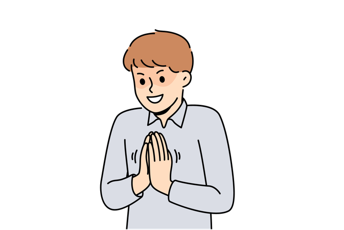 Le garçon se tient avec les mains en prière  Illustration
