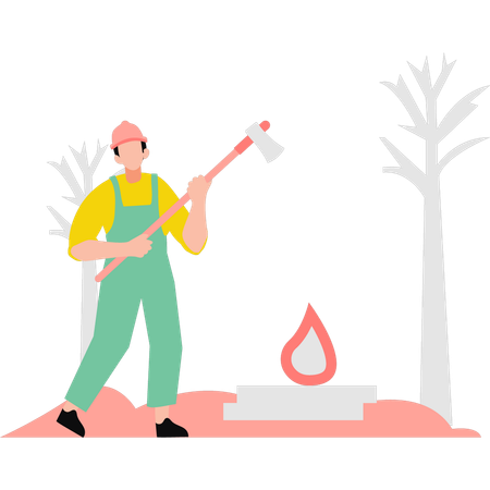 Un garçon se tient près d'un feu de joie avec une hache  Illustration