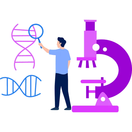 Le garçon se tient devant le microscope  Illustration