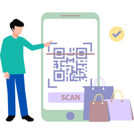 Garçon faisant du shopping avec le code QR  Illustration