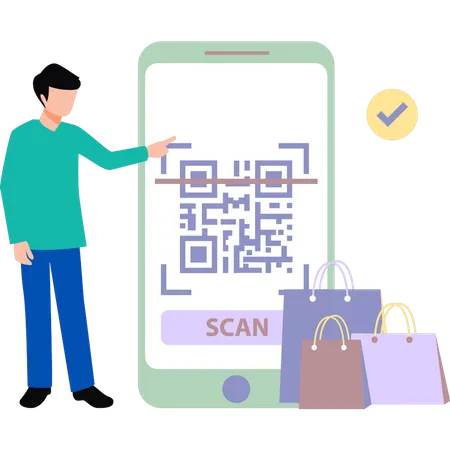 Garçon faisant du shopping avec le code QR  Illustration