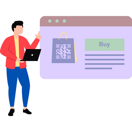 Garçon faisant du shopping avec le code QR  Illustration