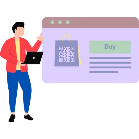 Garçon faisant du shopping avec le code QR  Illustration