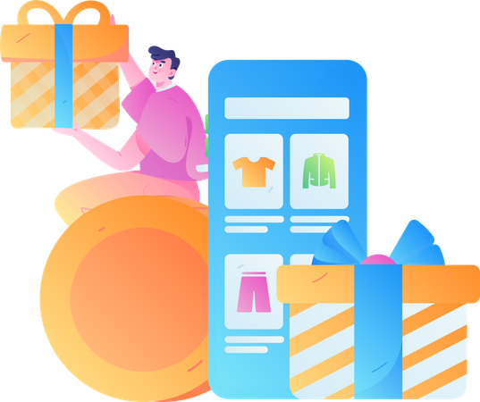 Garçon faisant du shopping via une application mobile  Illustration