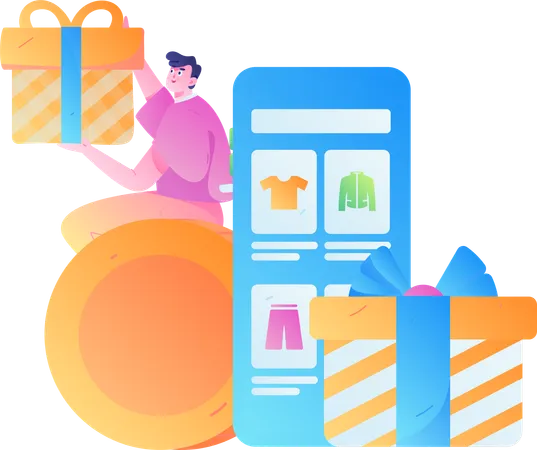 Garçon faisant du shopping via une application mobile  Illustration