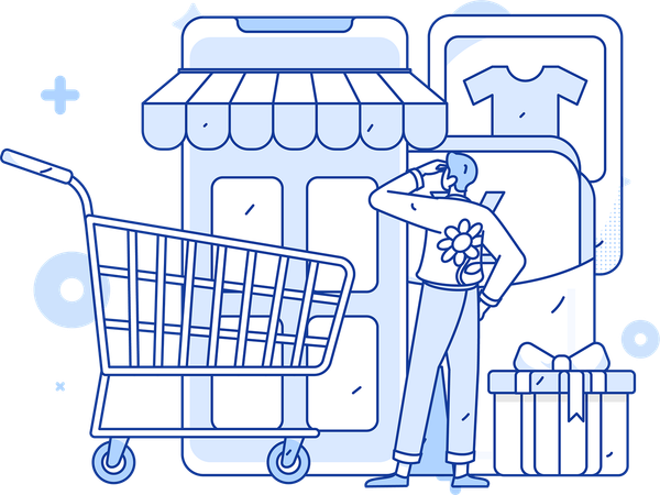 Garçon faisant du shopping à l'aide d'une application mobile  Illustration