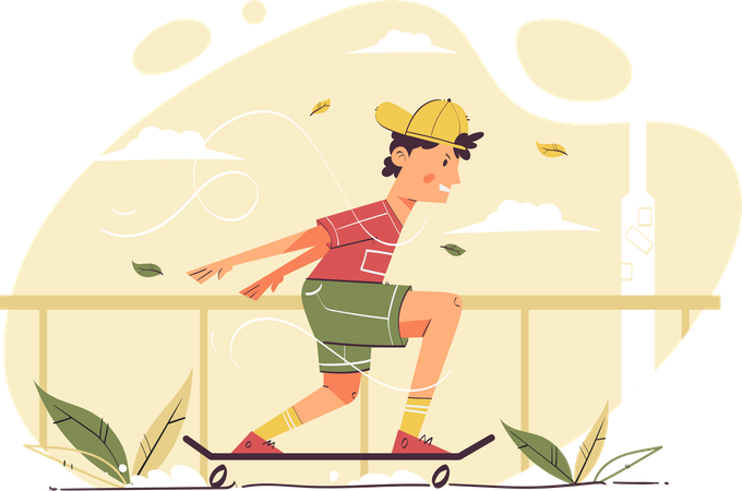 Garçon faisant du skateboard dans un parc  Illustration