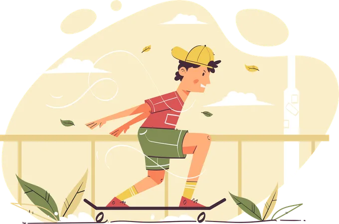 Garçon faisant du skateboard dans un parc  Illustration