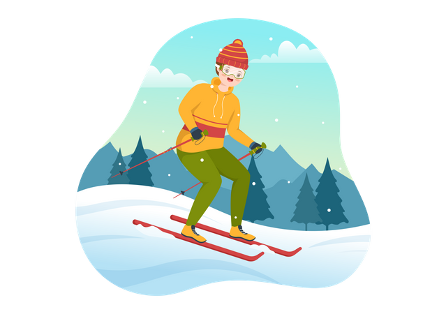 Garçon skiant en bas de la montagne  Illustration