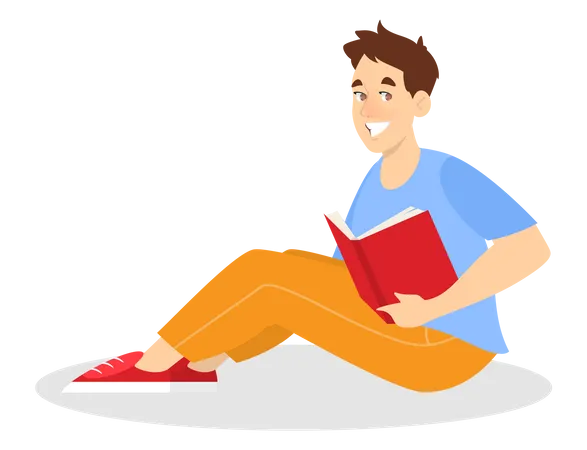 Un garçon sourit en lisant un livre  Illustration