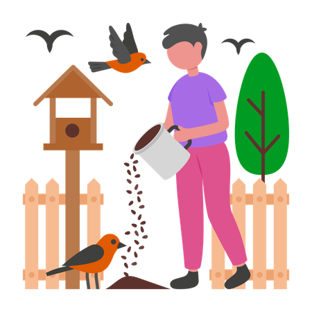 Un garçon suit la routine de nourrissage des oiseaux dans son jardin  Illustration
