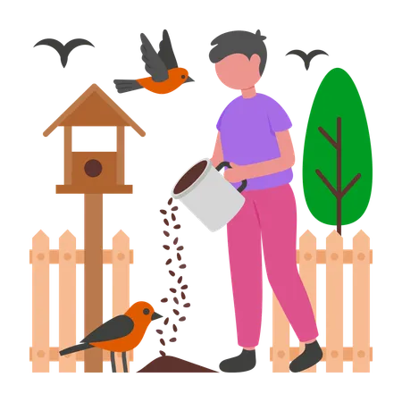 Un garçon suit la routine de nourrissage des oiseaux dans son jardin  Illustration