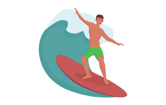 Garçon surfant sur la vague  Illustration