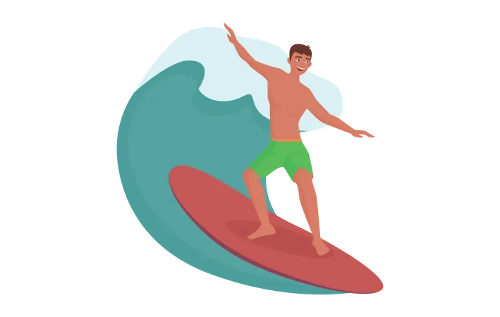 Garçon surfant sur la vague  Illustration