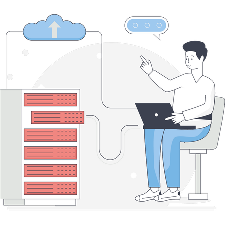 Un garçon télécharge des données de serveur dans le cloud  Illustration