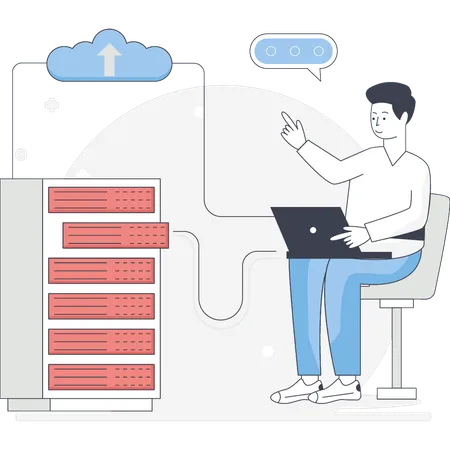 Un garçon télécharge des données de serveur dans le cloud  Illustration