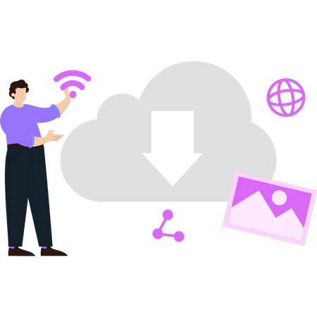 Garçon téléchargeant des données cloud  Illustration