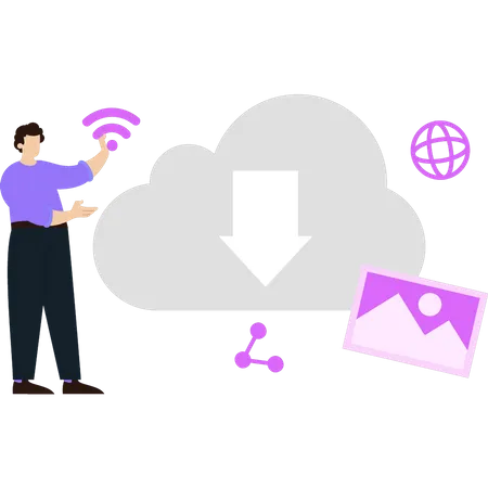 Garçon téléchargeant des données cloud  Illustration