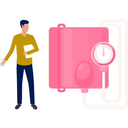 Garçon tenant des papiers montrant un kit de tension artérielle  Illustration
