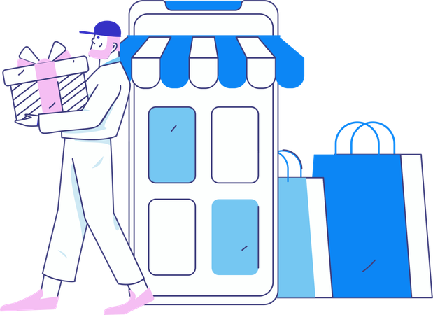 Garçon tenant une boîte cadeau tout en faisant des achats en ligne  Illustration