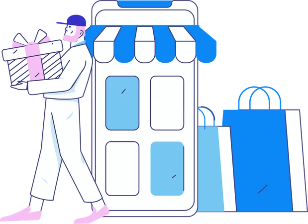 Garçon tenant une boîte cadeau tout en faisant des achats en ligne  Illustration