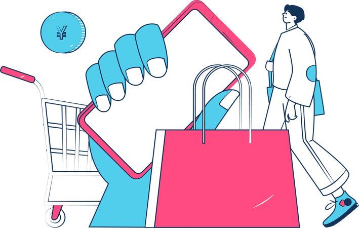 Garçon tenant une boîte cadeau tout en faisant des achats en ligne  Illustration