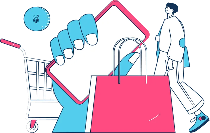 Garçon tenant une boîte cadeau tout en faisant des achats en ligne  Illustration