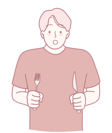 Garçon tenant une fourchette et un couteau  Illustration
