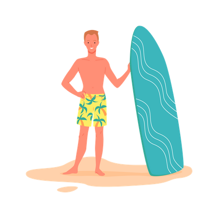 Garçon tenant une planche de surf  Illustration