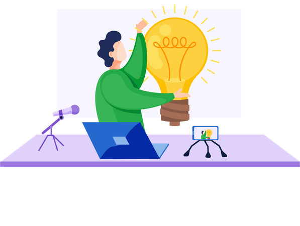 Le garçon tend la main vers une énorme lampe et diffuse  Illustration