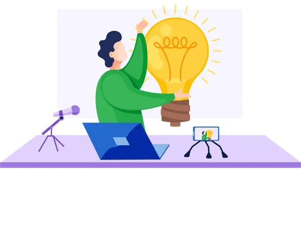 Le garçon tend la main vers une énorme lampe et diffuse  Illustration