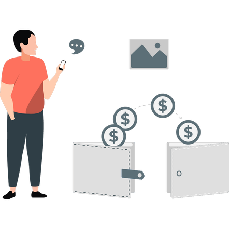 Un garçon transfère de l'argent d'un portefeuille à un autre  Illustration