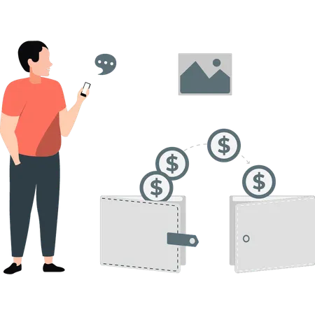 Un garçon transfère de l'argent d'un portefeuille à un autre  Illustration