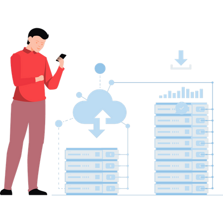 Garçon travaillant sur un serveur cloud  Illustration