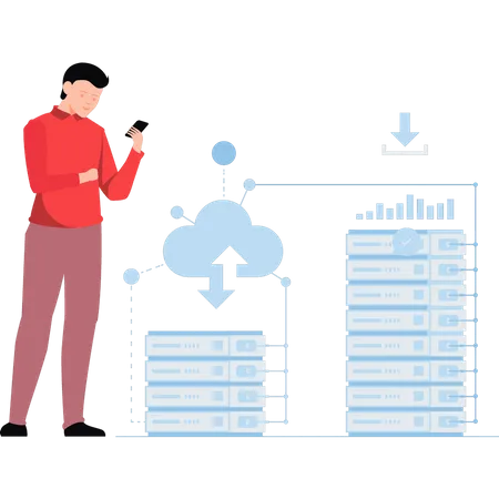 Garçon travaillant sur un serveur cloud  Illustration