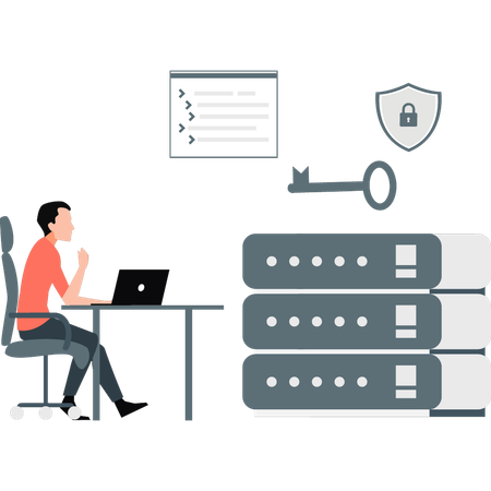 Garçon travaillant sur la sécurité du serveur  Illustration